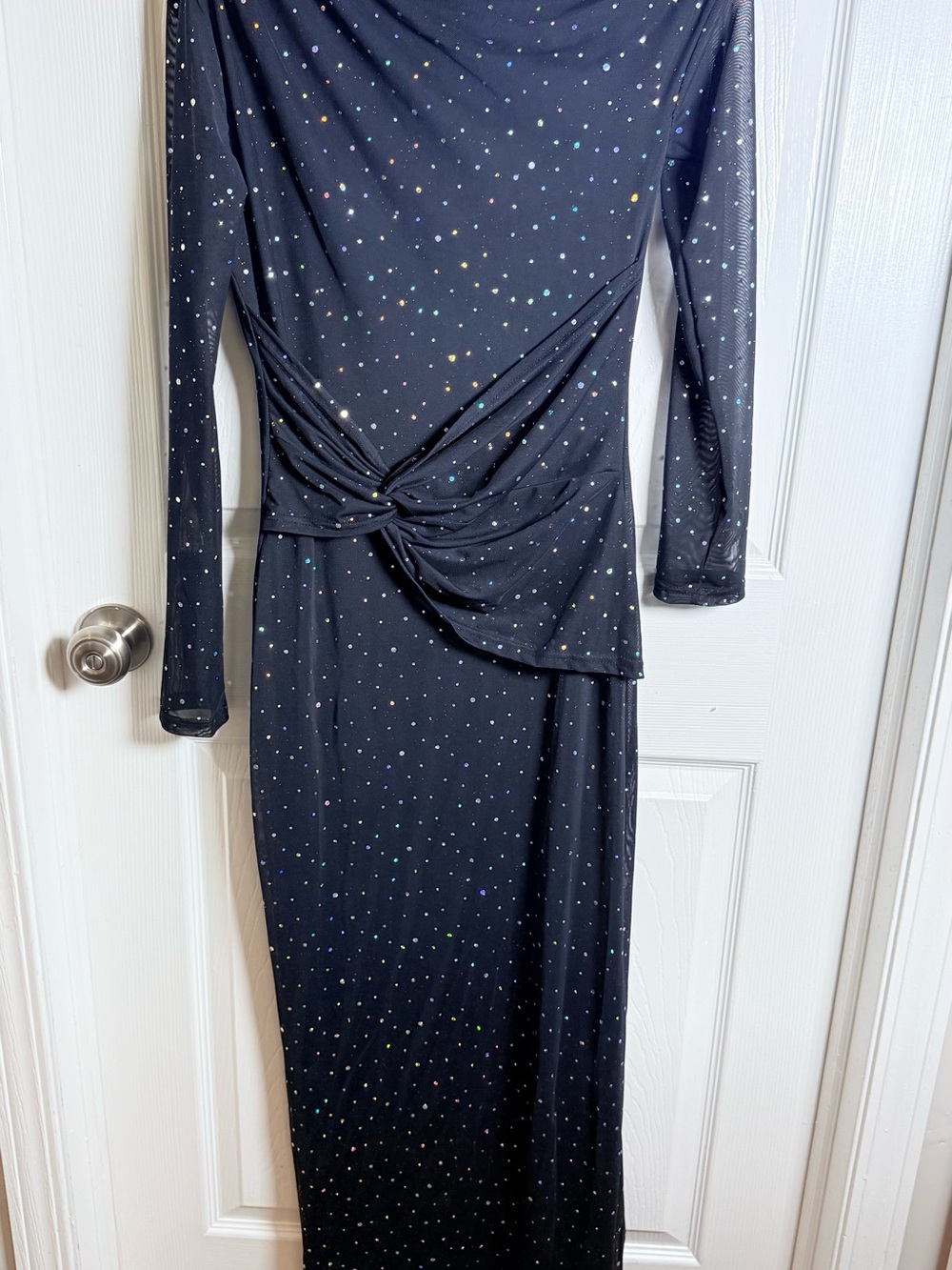 Black Long Sleeve Twist-Waist Maxi Dress with Sparkle